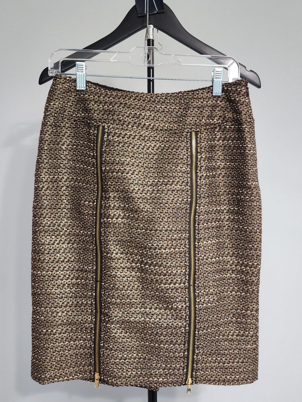Etcetera Gold & Brown Tweed Pencil Skirt with Gold Zippers Wool Blend Size 4